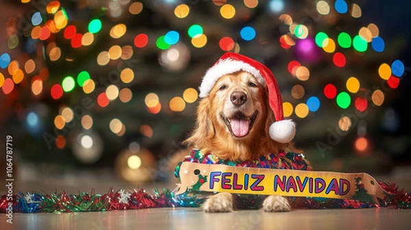 Obraz Holiday season - Merry Christmas - Feliz Navidad - text in Spanish xmas horizontal banner with text, ornaments, wreath and cute cats, kittens