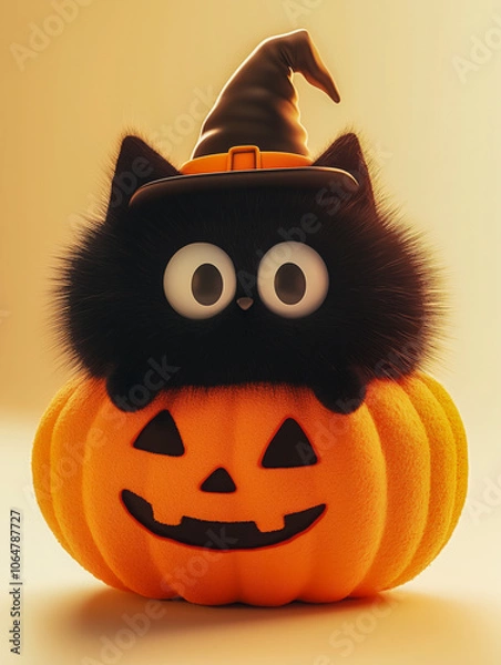 Obraz Adorable black cat wearing a witch hat, sitting on a smiling jack-o'-lantern pumpkin, creating a playful and charming Halloween theme
