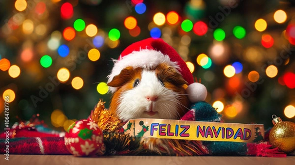 Obraz Holiday season - Merry Christmas - Feliz Navidad - text in Spanish xmas horizontal banner with text, ornaments, wreath and cute cats, kittens