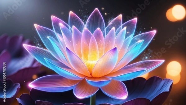 Obraz Close up of a vibrant, ethereal lotus flower with translucent, layered petals, glowing with hues of blue, purple, and orange