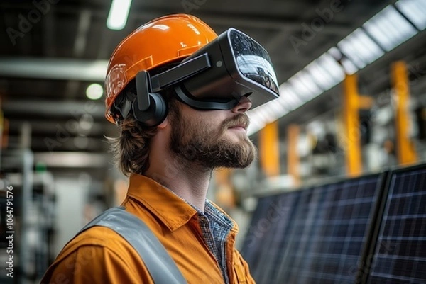 Obraz Worker in a modern manufacturing facility using virtual reality technology while wearing safety gear and examining equipment for augmented reality applications
