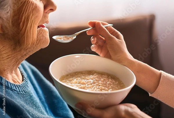 Obraz 老人に食事を食べさせる人の手元
