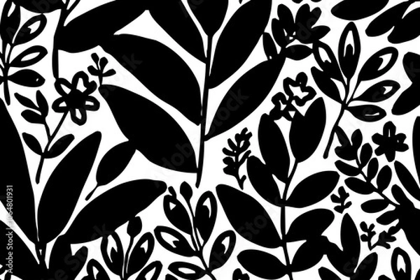 Fototapeta Black and white botanical pattern. For use in graphics, materials. Abstract plant shapes.