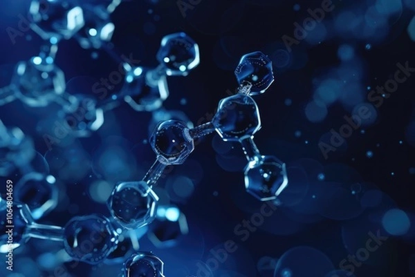 Fototapeta Abstract 3D Molecular Structure in Blue with Bokeh Lights
