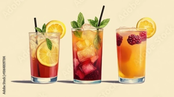 Fototapeta A collection of ice-cold drinks, showcasing iced tea with