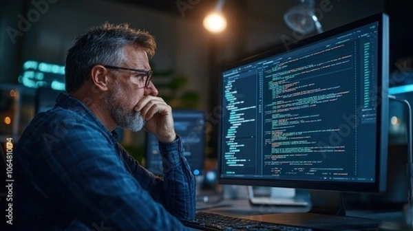Fototapeta Developer feeling frustrated while debugging a complex code error, common challenges faced in software development