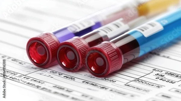 Fototapeta Blood Sample Test Tubes on Laboratory Form. Close-up of blood sample test tubes on a medical form, symbolizing laboratory testing, diagnostics, and health check-up procedures.