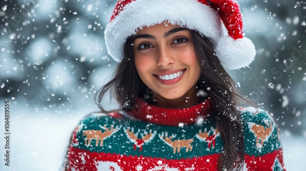 Obraz Xmas vibes - waiting for Santa! Young  woman wearing ugly Christmas sweater, smiling at the camera	