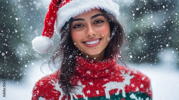 Obraz Xmas vibes - waiting for Santa! Young  woman wearing ugly Christmas sweater, smiling at the camera	