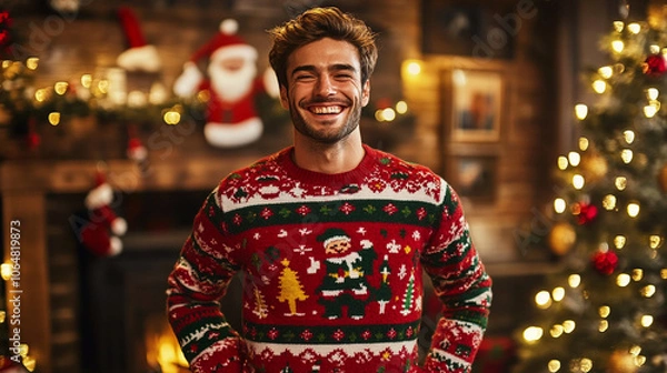 Obraz Xmas vibes - waiting for Santa! Young man wearing ugly Christmas sweater, smiling at the camera	
