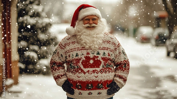 Obraz Xmas vibes - Santa Claus wearing ugly Christmas sweater, smiling at the camera	