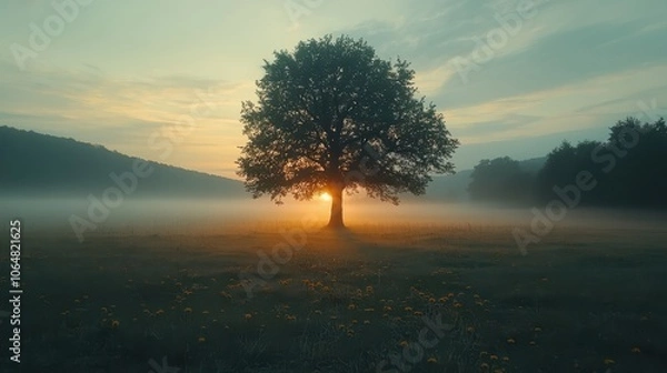 Obraz A peaceful sunrise over a rural field with a lone tree and morning mist hanging over the landscape. 