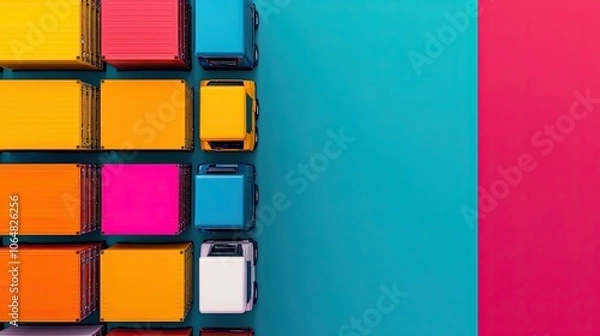 Fototapeta A vibrant arrangement of colorful toy trucks against a bold backdrop, creating a striking visual contrast with playful and lively hues.