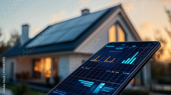 Obraz Smart home with solar panels on the roof at sunset, displaying energy consumption data on tablet