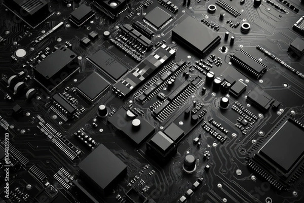 Fototapeta Black circuit board with electronic pathways and components. Technology and computing background
