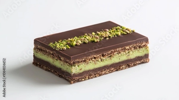 Obraz Dubai Chocolate Kunafa Pistachio on white background,Dubai Chocolate bar with green kadayif and pistachio spread,popular and viral chocolate 2024,space for text.