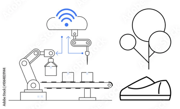 Obraz Automated assembly line with robotic arm moving items, cloud with wireless, simplistic tree, and sneaker on the side. Ideal for manufacturing, IoT, automation, industry 4.0, smart factory