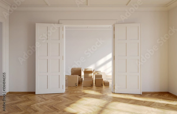 Fototapeta Cardboard boxes in an empty luxury apartment. Modern interior. Moving concept. 3D rendering.