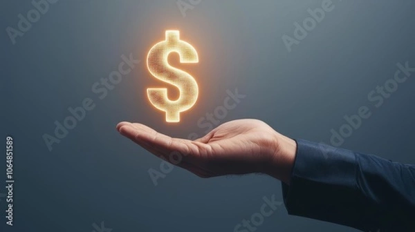 Fototapeta Businessman's hand balancing a bright, glowing dollar sign with floating holographic numbers, financial control, business success