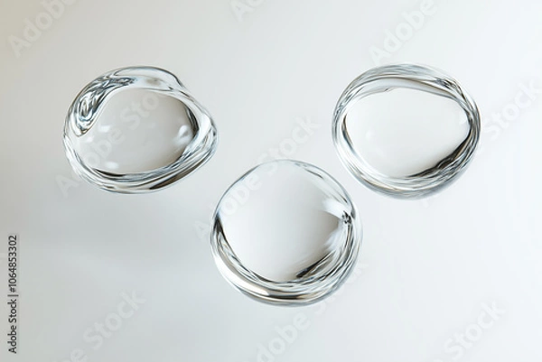 Obraz 3D of transparent water droplets in the shape of an abstract on white background, floating and swirling around each other, creating a sense of movement.