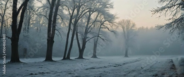 Fototapeta A moody winter landscape with frost covered trees under soft morning light