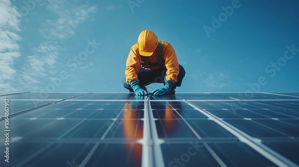 Fototapeta Installation of solar panels. A worker installing solar panels on the building wearing safety equipment and tools for the installation work with blue sky on the background