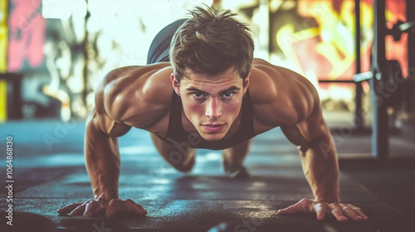 Fototapeta Man doing push-ups in the gym. Focused on strength, fitness, and muscle building. Ideal for active lifestyle, workout motivation, and wellness themes. Empowering and energetic fitness scene