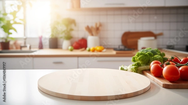 Fototapeta Tabletop of an empty wooden kitchen table with a round empty wooden cutting board, vegetables, blurred kitchen in the background.