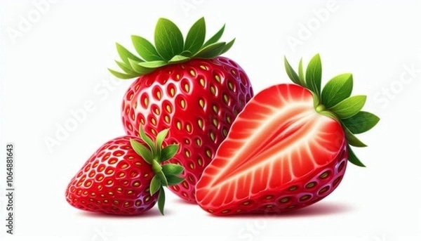 Fototapeta Strawberry Realistic  side, front and top view, isolated on white background illustration