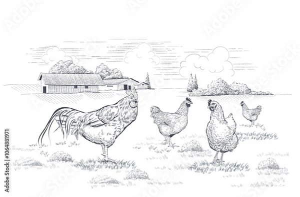Obraz Rural landscape with hens and rooster on meadow. Hand-drawn vector illustration in linear style
