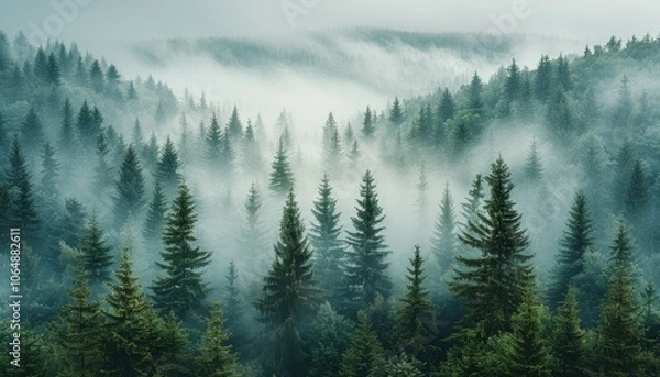 Fototapeta Foggy Evergreen Forest with Sunlight Filtering Through the Trees
