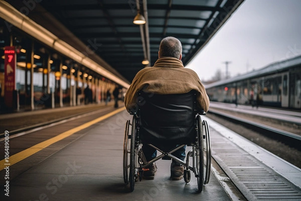 Fototapeta Man in a wheelchair waiting for public transportation made with generative AI