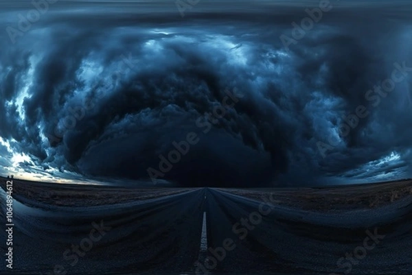 Obraz spherical 360 hdri panorama on side of asphalt road with rain storm clouds in dark sky in equirectangular seamless projection, as skydome replacement in drone panoramas, game development