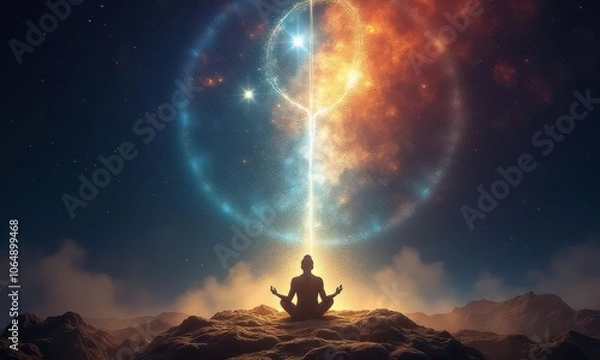 Fototapeta Person is meditating on a mountain top, surrounded by a colorful sky. The sky is filled with clouds and a bright light, creating a serene and peaceful atmosphere