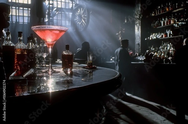 Fototapeta A dramatic scene of a red cocktail on an old-fashioned bar, with shadowy figures in the background, in the style of film noir
