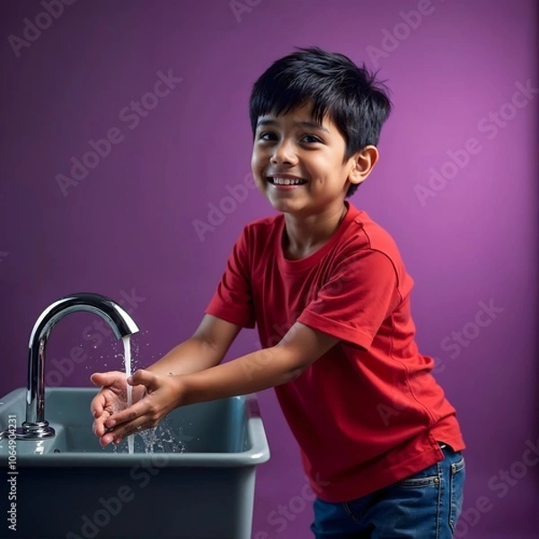 Obraz Happy and under privilege kids and groups are reading books with mobile tab, washing hands,  super hero kids