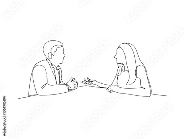 Obraz Single one line drawing working together, discussing business. Meeting of colleagues. Cowering, teamwork concept. Continuous line draw design graphic vector illustration.
