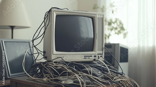 Fototapeta A vintage computer setup featuring a classic monitor and tangled cables in a cozy room filled with natural light