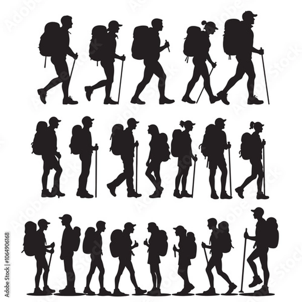 Obraz Dynamic Hiker Silhouettes Collection: Male & Female Figures with Backpacks in Various Poses – Minimalist Black Silhouettes on White Background