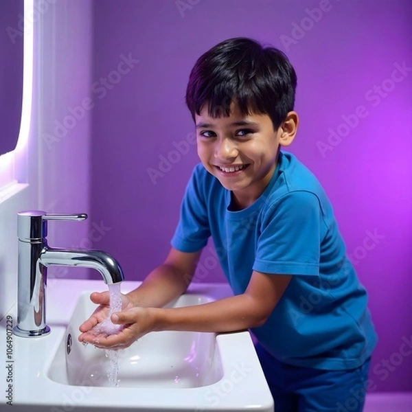 Obraz Happy and under privilege kids and groups are reading books with mobile tab, washing hands,  super hero kids