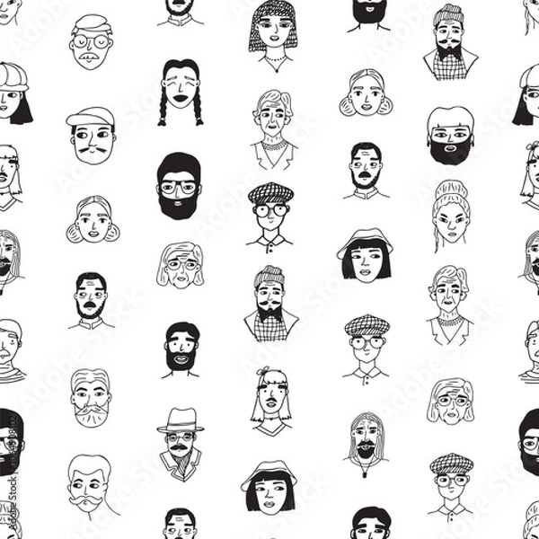 Obraz People hand drawn black white seamless pattern. Vector trendy endless illustration of faces groups or portraits drawing on white background