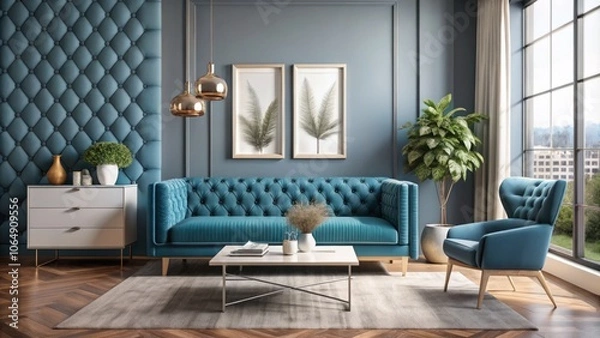 Fototapeta Modern Interior Design Featuring a Blue Tufted Mock-up Poster in a Stylish Living Room with Horizontal Space, Ideal for Contemporary Aesthetic Inspiration and Decoration Ideas