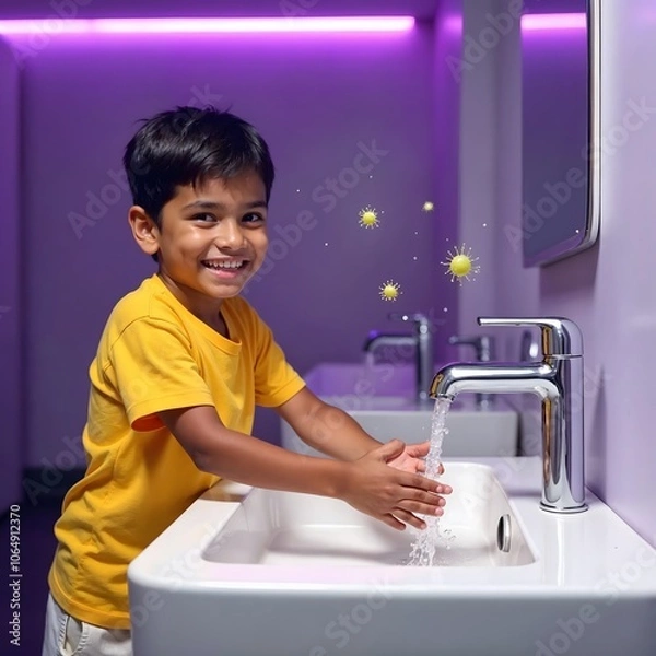 Obraz Happy and under privilege kids and groups are reading books with mobile tab, washing hands,  super hero kids