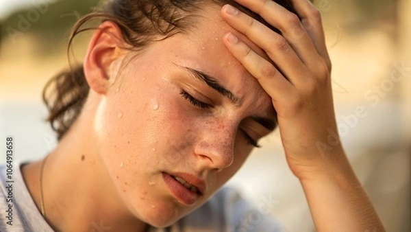 Obraz Woman sweating from fever and chills at home