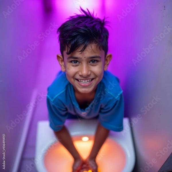 Obraz Happy and under privilege kids and groups are reading books with mobile tab, washing hands,  super hero kids