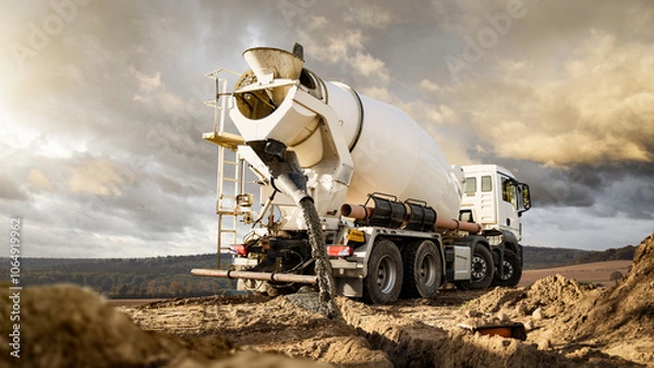 Obraz Concrete Mixer Truck Pouring Concrete on a Construction Site