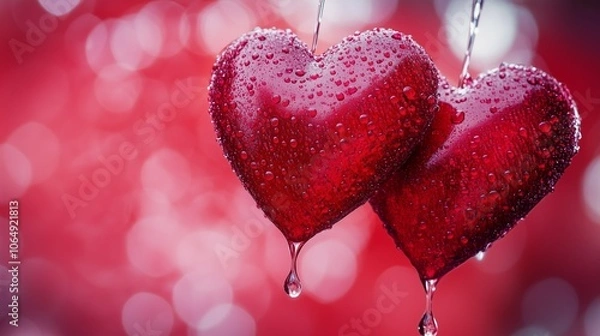 Fototapeta Two hearts with waterdrops and red background, symbol of love
