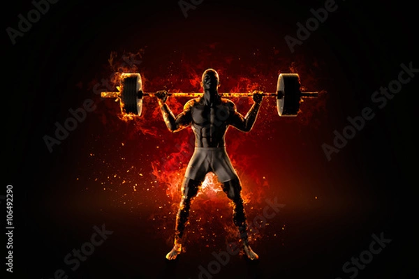 Obraz Ferocious flaming bodybuilder with barbell