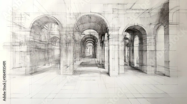 Fototapeta A detailed architectural sketch depicting a series of arches and columns in a spacious corridor.