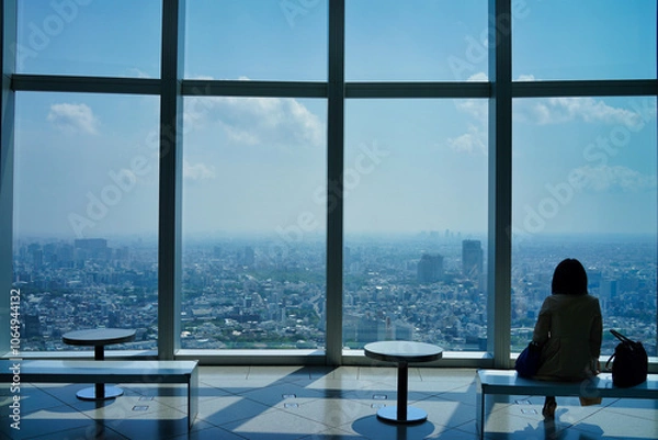 Fototapeta 展望台から都市を眺める女性のシルエット